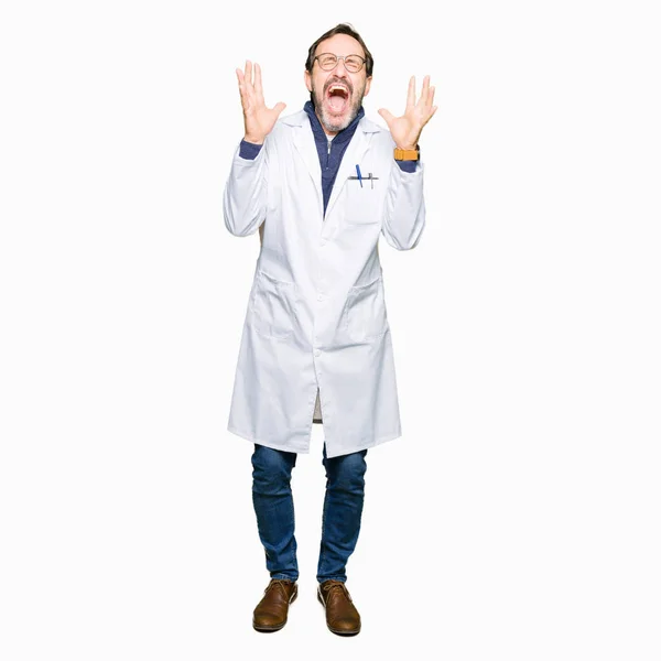 Middle Age Therapist Wearing White Coat Celebrating Mad Crazy Success — Stock Photo, Image