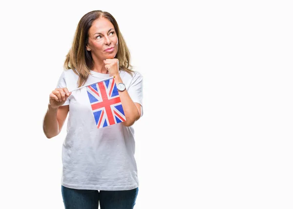 Mujer Hispana Mediana Edad Sosteniendo Bandera Del Reino Unido Sobre —  Fotos de Stock