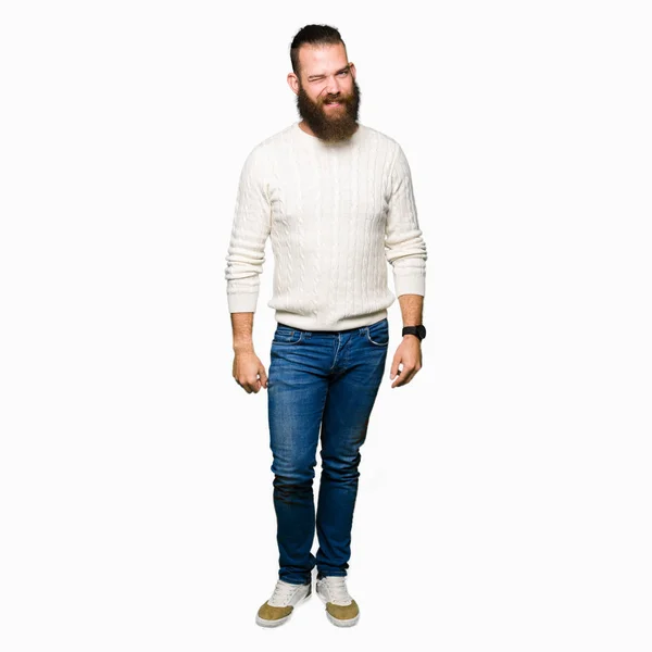 Young Hipster Man Wearing Winter Sweater Winking Looking Camera Sexy — Stock Photo, Image