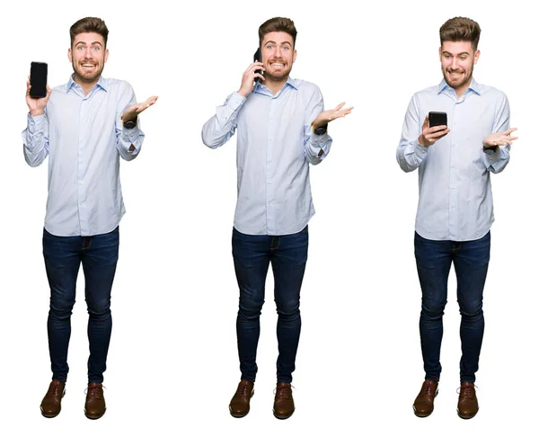 Collage Professionella Ungersven Med Smartphone Vit Isolerade Bakgrund Mycket Glad — Stockfoto