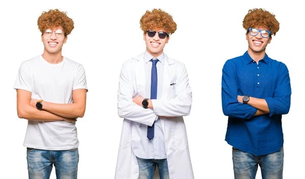 Collage Hombre Joven Con Diferentes Miradas Gafas Sobre Fondo Blanco — Foto de Stock