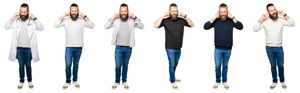 Collage Young Man Bun White Isolated Background Covering Ears Fingers — Stock Photo, Image