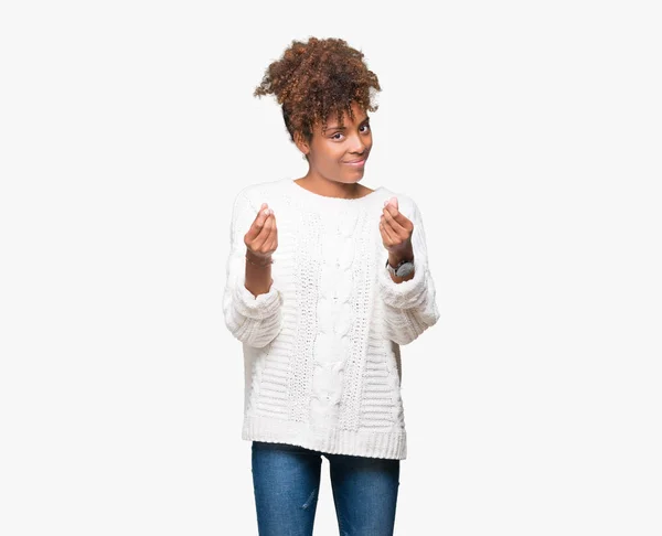 Piękne Młode African American Kobieta Swetrze Zima Białym Tle Robi — Zdjęcie stockowe