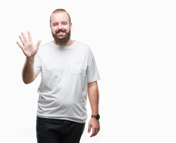 Gösterilen Parmakları Ile Işaret Izole Arka Plan Üzerinde Rahat Shirt — Stok fotoğraf
