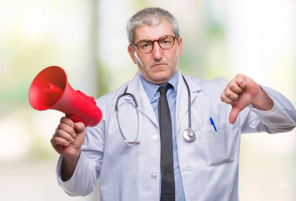 Handsome Senior Doctor Man Yelling Megaphone Isolated Background Angry Face — Stock Photo, Image