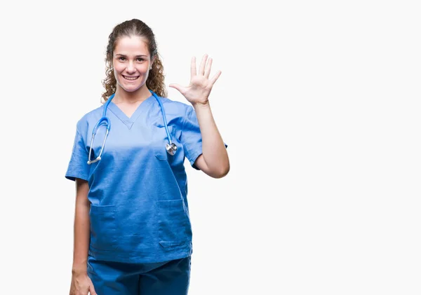 Jonge Brunette Dokter Meisje Dragen Verpleegkundige Chirurg Uniform Geïsoleerde Achtergrond — Stockfoto