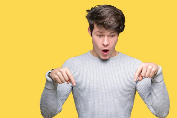 Young Handsome Man Wearing Winter Sweater Isolated Background Pointing Fingers — Stock Photo, Image