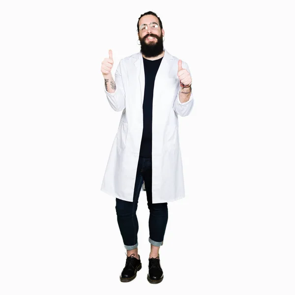 Doctor Therapist Man Long Hair Bear Wearing White Coat Success — Stock Photo, Image