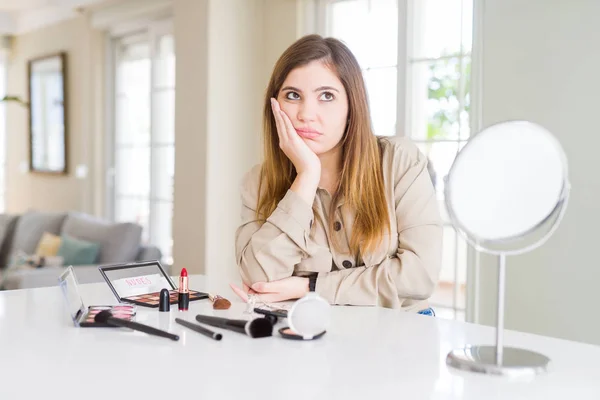 Beautiful Young Woman Using Make Cosmetics Thinking Looking Tired Bored — Stock Photo, Image