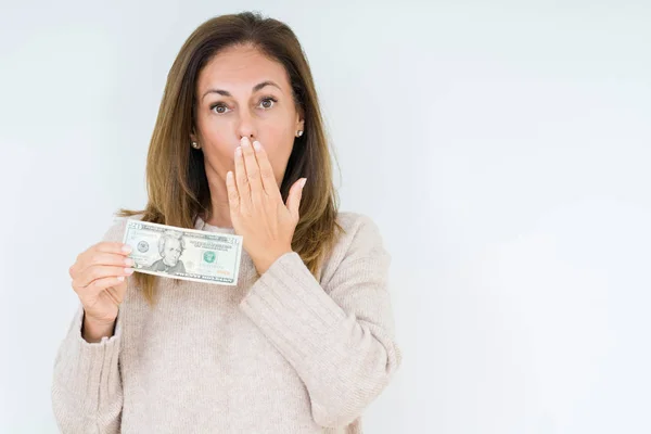 Mujer Mediana Edad Sosteniendo Billete Dólares Sobre Fondo Aislado Que — Foto de Stock