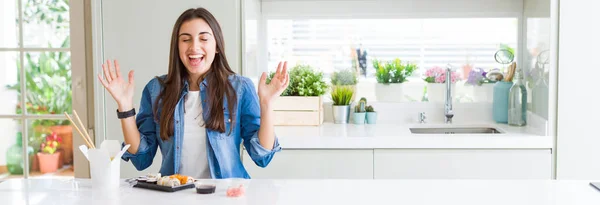 Wide Angle Picture Beautiful Young Woman Eating Delivery Sushi Celebrating — 图库照片