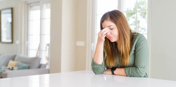 Beautiful Young Woman Home Tired Rubbing Nose Eyes Feeling Fatigue — Stock Photo, Image