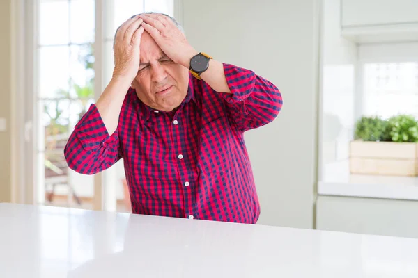 Handsome Senior Man Home Suffering Headache Desperate Stressed Because Pain — Stock Photo, Image