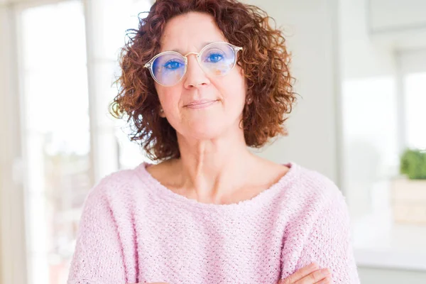 Beautiful Senior Woman Wearing Pink Sweater Glasses Relaxed Serious Expression — Stock Photo, Image