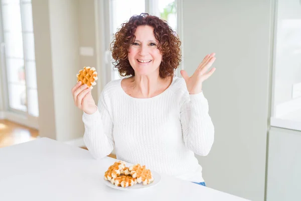 Senior Woman Eating Sweet Belgian Waffle Very Happy Excited Winner — Stock Photo, Image