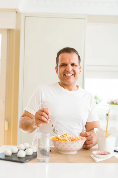 Middle Age Man Eating Asian Food Home — Stock Photo, Image