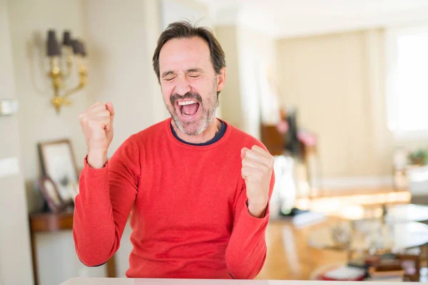 Handsome Middle Age Man Home Very Happy Excited Doing Winner — Stock Photo, Image
