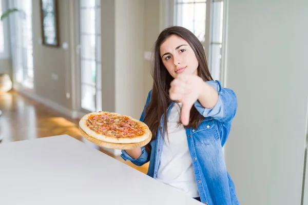 Beautiful Young Woman Eating Homemade Tasty Pizza Kitchen Angry Face — Stock Photo, Image