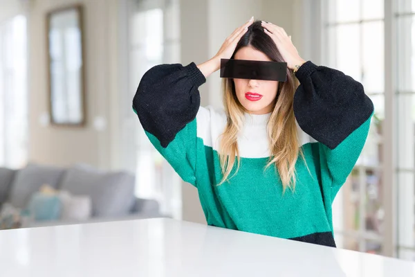 Young Beautiful Woman Blindfold Eyes Black Censor Band Home Suffering — Stock Photo, Image