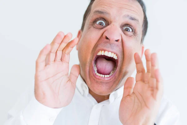 Middle Age Man Shouting Crazy Hands Mouth White Wall Background — Stock Photo, Image