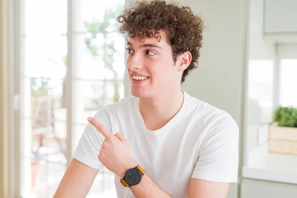 Young Handsome Man Wearing White Shirt Cheerful Smile Face Pointing — Stock Photo, Image