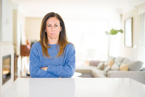 Beautiful Middle Age Woman Home Skeptic Nervous Disapproving Expression Face — Stock Photo, Image