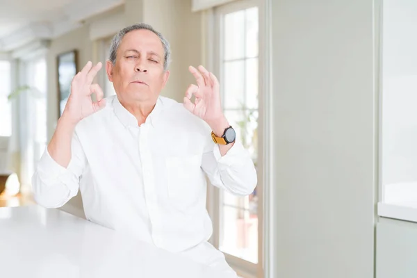 Handsome Senior Man Home Relax Smiling Eyes Closed Doing Meditation — Stock Photo, Image