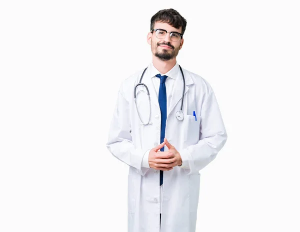 Joven Doctor Vistiendo Abrigo Hospital Sobre Fondo Aislado Las Manos — Foto de Stock