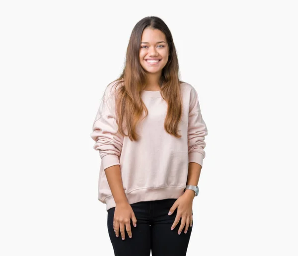 Jovem Mulher Bonita Morena Vestindo Camisola Rosa Sobre Fundo Isolado — Fotografia de Stock