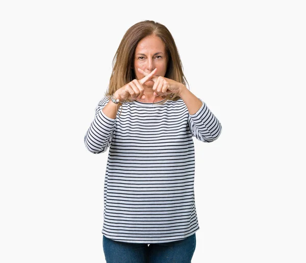 Mulher Meia Idade Bonita Usando Listras Camisola Sobre Fundo Isolado — Fotografia de Stock