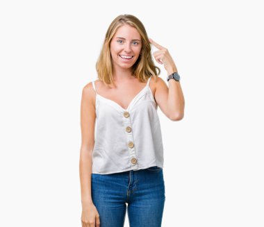 İzole güzel genç kadın arka plan bir parmak, harika bir fikir ya da düşünce, iyi hafıza ile baş gösteren gülen