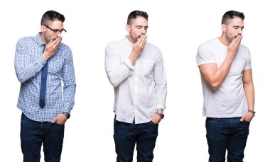 Kolaj yakışıklı iş adamı üzerinde beyaz bir arka plan ağız el ile kapsayan yorgun esneme sıkılmış izole. Restless ve uyku hali.