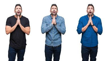 Beyaz izole arka plan üzerinde yakışıklı adam kolaj yalvarıyor ve el ile birlikte umut ifade yüz çok duygusal ve endişeli ile dua. Affedilmesini istiyorum. Din konsepti.