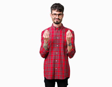 Maaş ödeme için milyoner iş soran izole arka plan yapıyor para hareketi el ile üzerinden gözlüklü genç yakışıklı adam