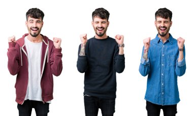 Zafer kutluyor gülümseyen izole arka kolları olan başarı için heyecanlı genç adam kolaj kaldırdı. Kazanan kavramı.