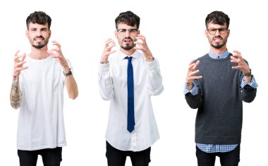 Genç adam kolaj arka plan boğazlamak istiyor eller öfke ile sinirli bağıran kızgın bağırıyor izole