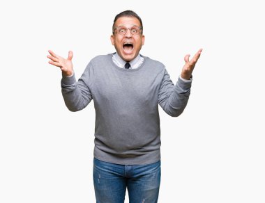 Orta yaş bussines Arap adam gözlüklü üzerinde arka plan çılgın kutlama izole ve başarı için kaldırdı kollarını açarak hayrete ve heyecanlı çığlık gözleri açık. Kazanan kavramı