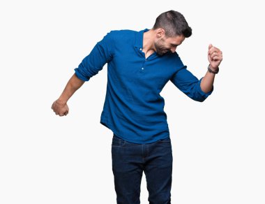 İzole arka plan dans mutlu ve neşeli, hareketli rahat ve kendinden emin müzik gülümseyen üzerinde genç yakışıklı adam