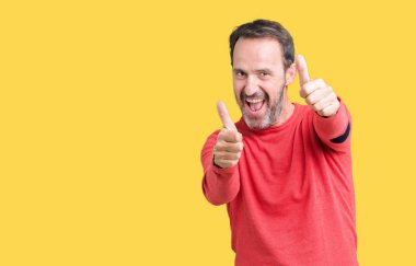 El ile pozitif jest yapıyor onaylama izole arka plan üzerinde kış kazak giymiş yakışıklı orta yaş ağarmış komuta sizde başparmak gülümseyen ve başarı için mutlu. Kamera, kazanan jest arıyorsunuz.