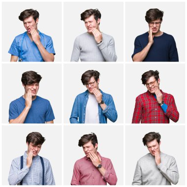 Kolaj gencin acı ifadesi ile el ile ağız diş ağrısı veya dişlerde dişlerle ilgili hastalık nedeniyle dokunmadan beyaz izole arka plan üzerinde. Diş hekimi kavramı.