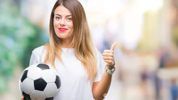 Junge Schöne Frau Hält Fußball Über Isolierten Hintergrund Glücklich Mit — Stockfoto