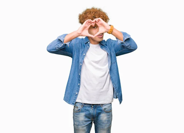 Joven Hombre Guapo Con Pelo Afro Usando Chaqueta Mezclilla Haciendo —  Fotos de Stock