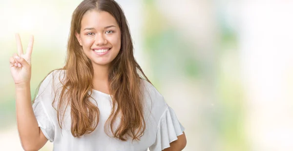 Jonge Mooie Brunette Zakenvrouw Geïsoleerde Achtergrond Weergeven Met Vingers Omhoog — Stockfoto