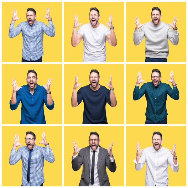 Collage Handsome Man Yellow Isolated Background Celebrating Mad Crazy Success — Stock Photo, Image