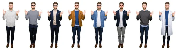 Koláž Pohledný Mladý Obchodní Muž Nosí Různé Vzhledy Bílém Izolované — Stock fotografie