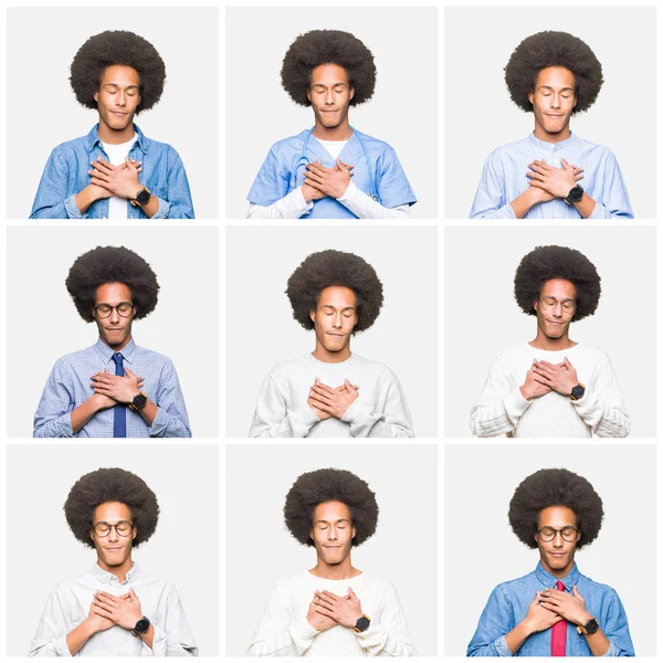 Collage of young man with afro hair over white isolated background smiling with hands on chest with closed eyes and grateful gesture on face. Health concept.