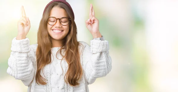 Jovem Bela Morena Hipster Mulher Usando Óculos Chapéu Inverno Sobre — Fotografia de Stock