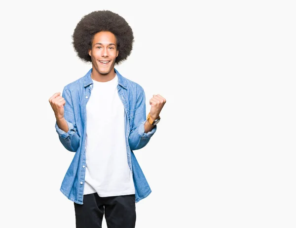 Young African American Man Afro Hair Celebrating Surprised Amazed Success — Stock Photo, Image
