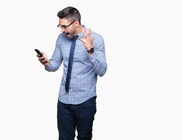 Joven Hombre Negocios Usando Teléfono Inteligente Sobre Fondo Aislado Muy —  Fotos de Stock