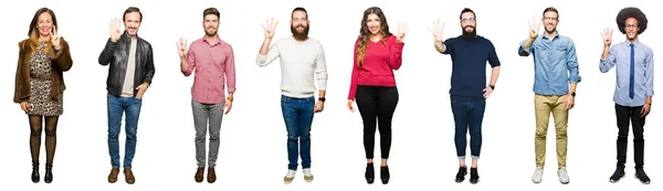 Collage Personas Sobre Fondo Blanco Aislado Mostrando Apuntando Hacia Arriba —  Fotos de Stock